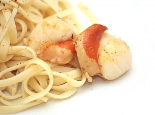 Tagliatelle and scallops flambéed in whisky